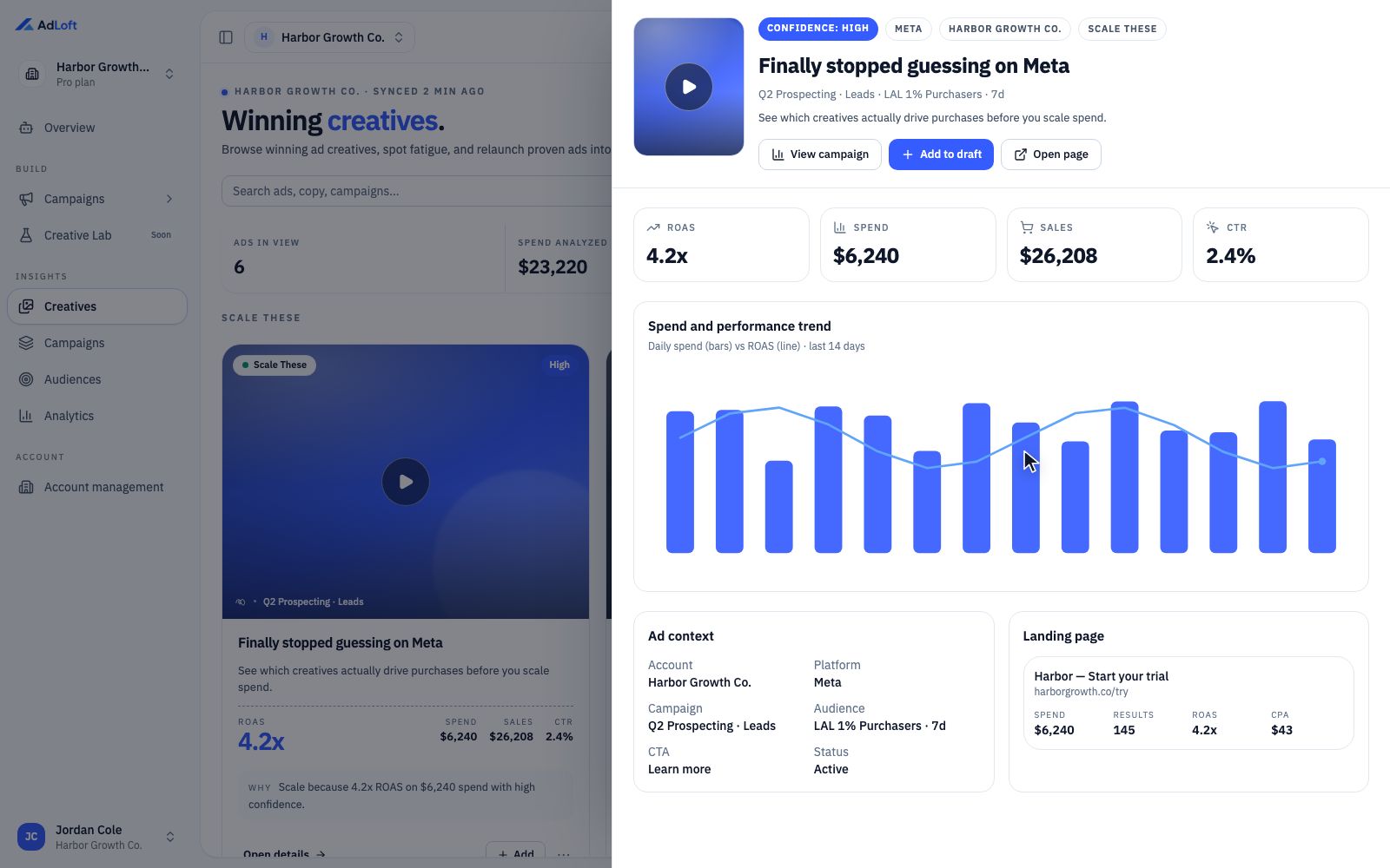 AdLoft Winners Hub — your Meta ads ranked by ROAS and CPA